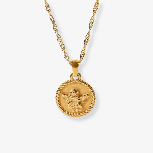 Cherelle Necklace – Gold angel coin medallion on white background by Luzza Studio
