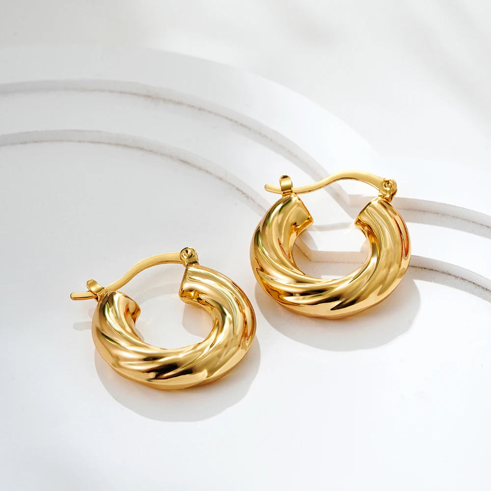 Pair of gold hoop earrings on a white background